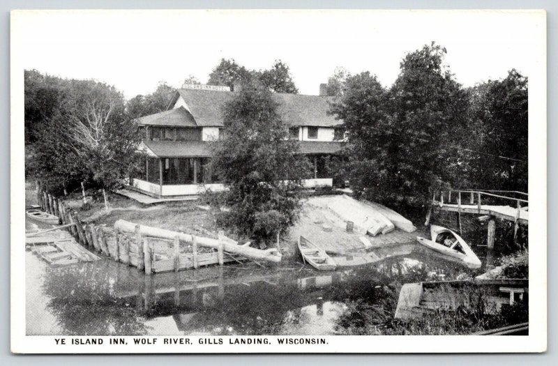 Gills Landing Wisconsin~Wolf River~Ye Island Inn Hotel~Tree Down~Docks~c1920 