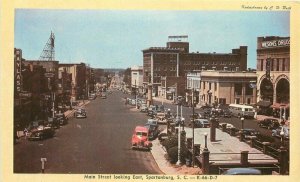 Automobiles Main Street Spartanburg South Carolina Bus Postcard Dexter 20-14356