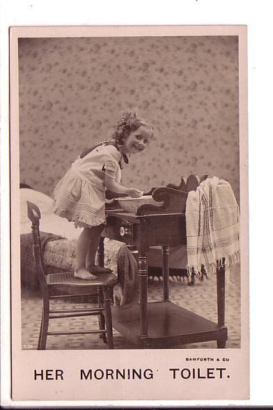 Little Girl Washing, Her Morning Toilet, Real Photo,