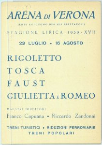 91645 - Vintage postcard - ADVERTISING: Arena Di VERONA 1939 Rigoletto TOSCA-