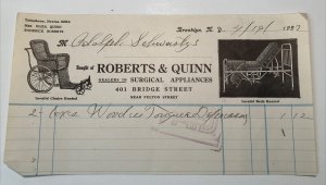 1922 ROBERTS & QUINN SURGICAL APPLIANCES Wicker Chair Bed Brooklyn NY Letterhead