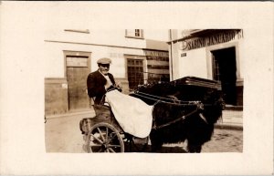 RPPC Man in Black Sheep Goat Cart c1920s Postcard A29