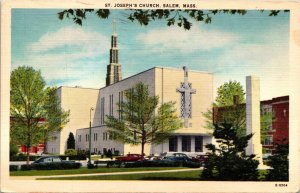 St Josephs Church Salem MA Massachusetts Linen Postcard PM Rockland ME Cancel 