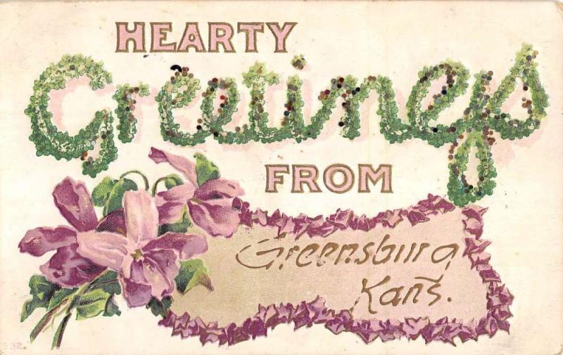 Greensburg Kansas Flower Hearty Greeting Antique Postcard K80535