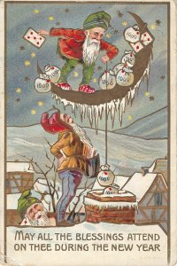 Elf dropping money down chimney from moon New Year Postcard c1908