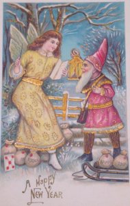1907 Fantasy Fairy Gnome Antique Vintage New Year Postcard Germany