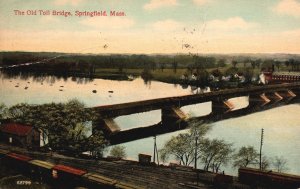 Springfield MA-Massachusetts, 1914 Old Toll Bridge Landmark Vintage Postcard