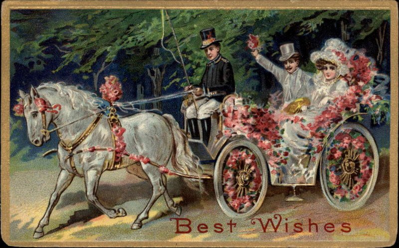 Best Wishes Marriage Wedding Couple White Horse Wagon Toast c1910 Postcard