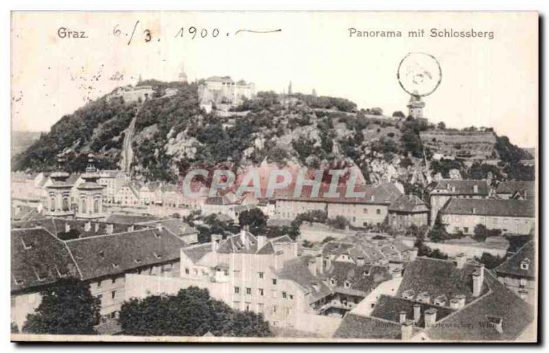 Old Postcard Panorama word Graz Schlossberg