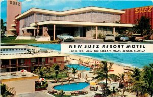 1950s Miami Beach Florida Suez Resort Motel swimming pool autos Postcard 25-820
