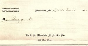 1920 WESTBROOK MAINE J.B. WINSLOW D.D.S. DR. DENTIST BILLHEAD INVOICE Z1157