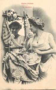 Parisian scenes of life postcard France little peaches coquetry lady mirror