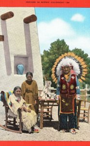 Vintage Postcard 1930's Indians in Scenic Colorado Traditional Clothes Costumes