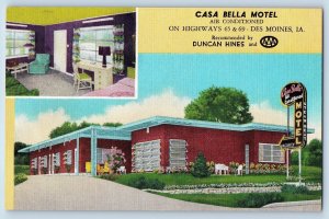 Des Moines Iowa IA Postcard Casa Bella Motel Exterior Roadside c1940's Signage