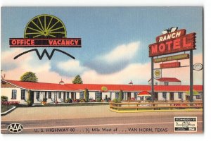 Van Horn, Texas RANCH MOTEL Highway 80 Roadside Linen Vintage Postcard 1940s