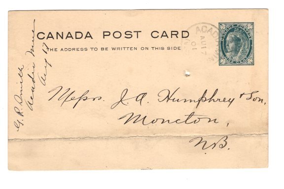 Acadia Minus Cancel Nova Scotia 1901 Victoria Jubilee Postal Stationery Postcard