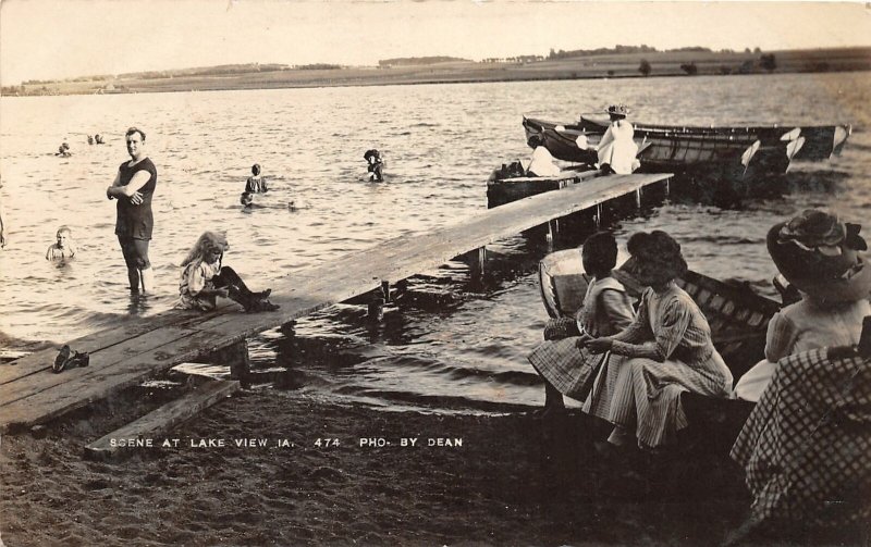 G33/ Lake View Iowa RPPC Postcard 1910 Lakeview Boats Dock Swimmers