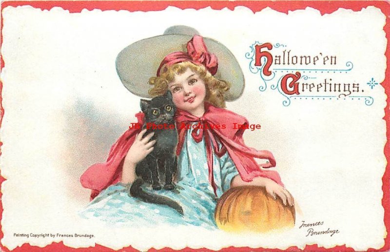 Halloween, Gabriel No 121-4, Frances Brundage, Witch Holding Black Cat & Pumpkin 