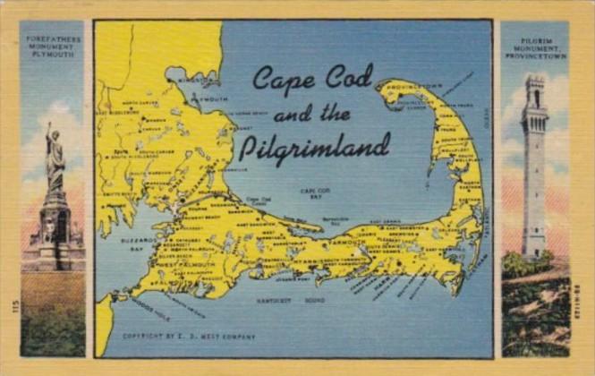 Massachusetts Cape Cod and The Pilgrimland Map 1952 Curteich
