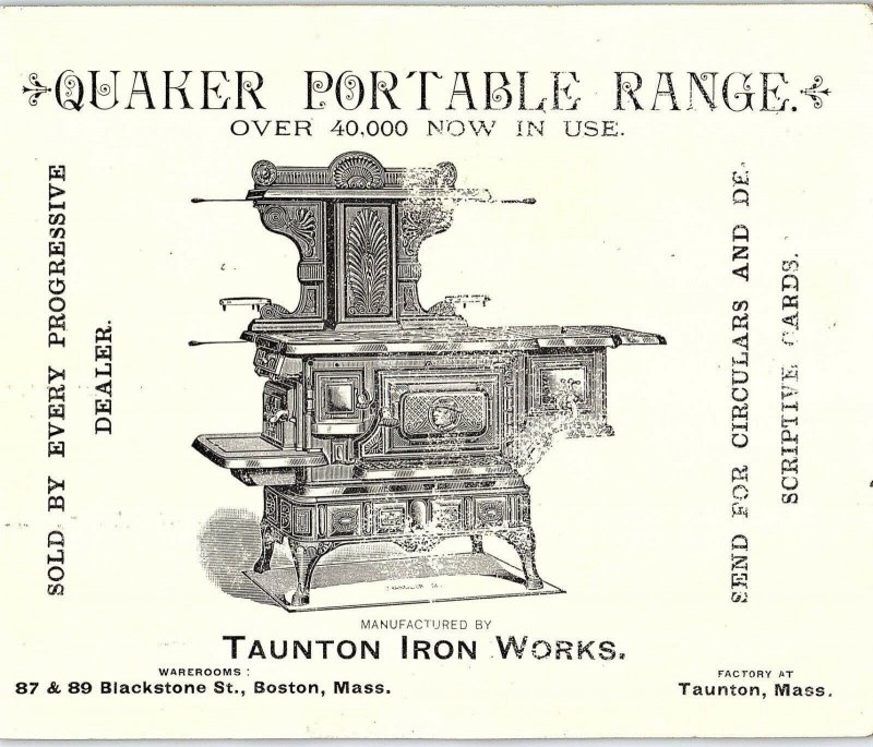 1880's Engraved Quaker Portable Range Taunton Iron Works Trade Card *I 