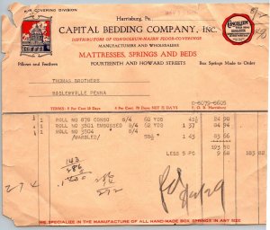 1920  Harrisburg  Pennsylvania  Capital Bedding  Receipt  8 x 7