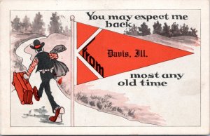 Postcard Pennant Comic IL Davis Man walking You May expect me back most any old