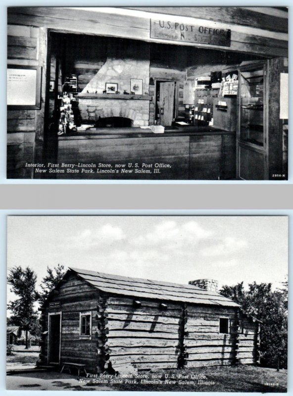 2 Postcards NEW SALEM, Illinois IL~ Interior/Exterior BERRY LINCOLN STORE c1940s