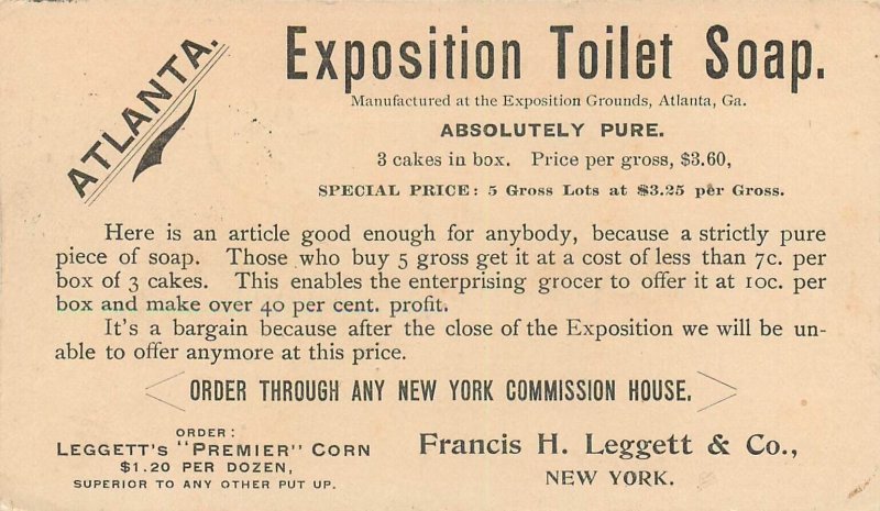 Pioneer Advert 1895 Atlanta Exposition Toilet Soap Francis Leggrett`s New York