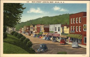 Sylva North Carolina NC Main Street Scene Classic Cars Linen Vintage Postcard