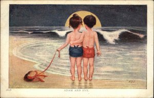 MDS - ADAM AND EVE Kids Romance Beach Setting Sun c1910 Postcard