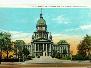 Vintage Postcard 1935 State Capital & Abraham Lincoln Statue Springfield IL