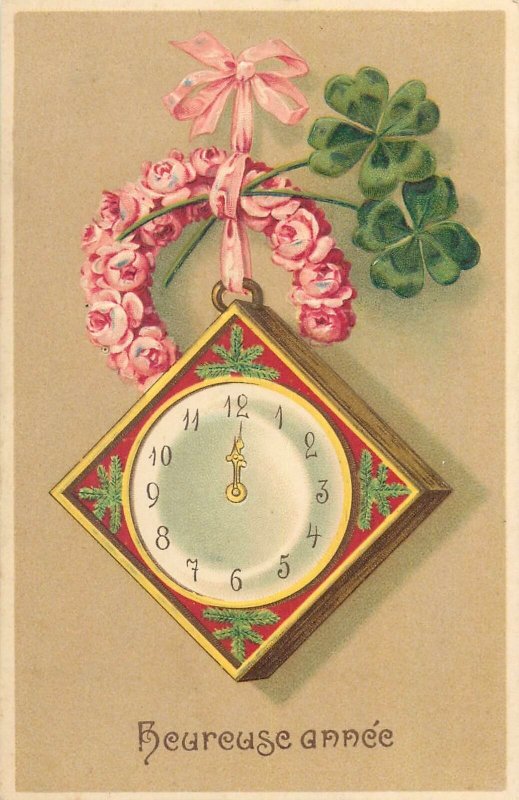 Postcard Early embossed greetings heureuse anne clock luck flowers decoration