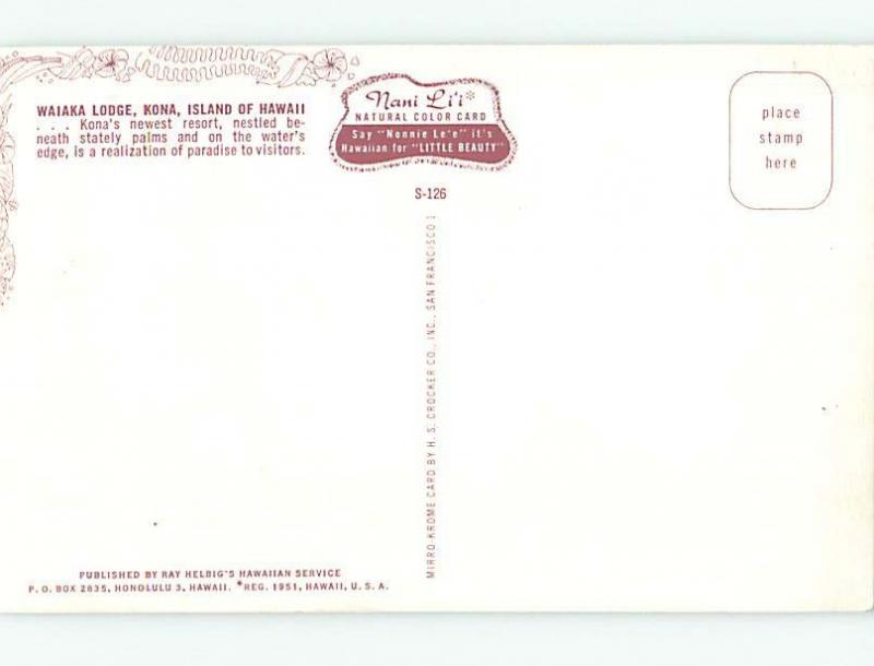 Unused Pre-1980 LODGE SCENE Kona Hawaii HI J6626@