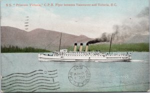 SS 'Princess Victoria' Ship  btwn Vancouver & Victoria BC c1907 Postcard G98