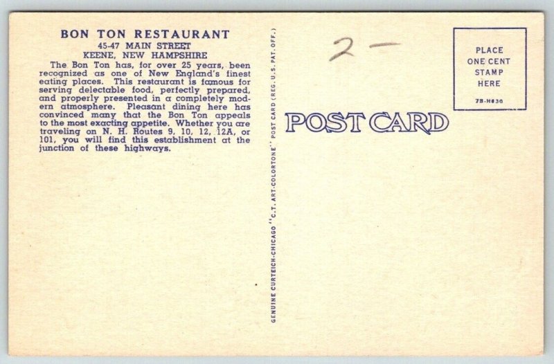 Bon Ton Restaurant  Keene  New Hampshire  Postcard