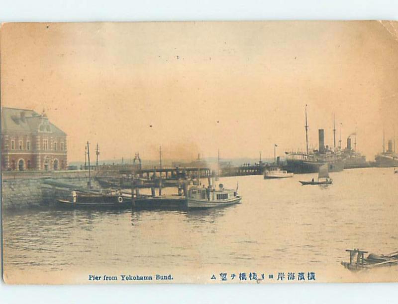 Old Postcard BOATS BY THE PIER Yokohama Japan F5609
