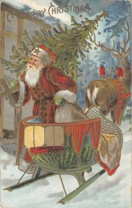 AD180 Santa star on hat gilt cross sleigh deer c1910 Christmas postcard 