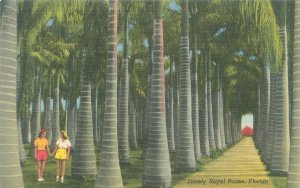 Florida Stately Royal Palms, Girls in Yellow Holding Hands Linen Postcard Unused