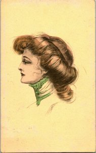 Vintage Postcard 1913 - Sketch of Victorian Woman in Profile w Lace Collar