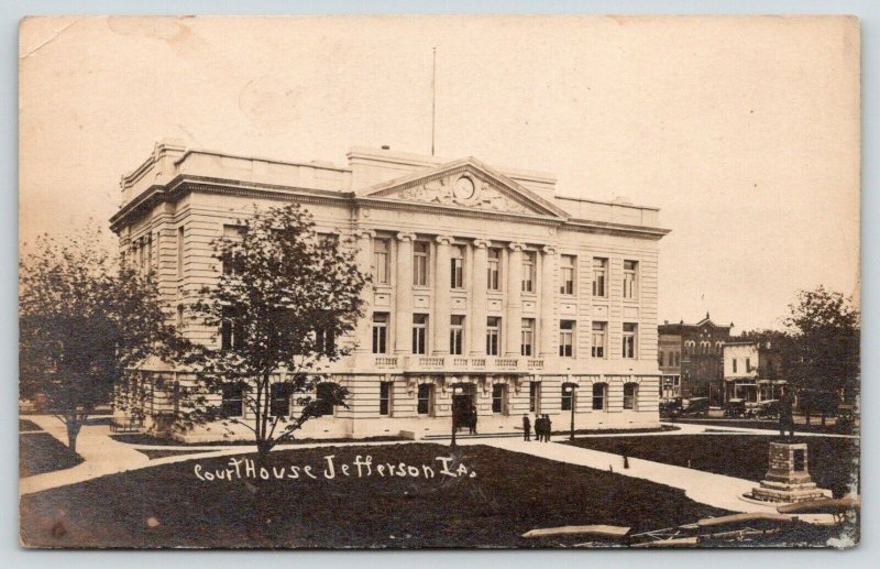 Jefferson Iowa~Greene County Court House~Monument~Storefronts~c1910 RPPC