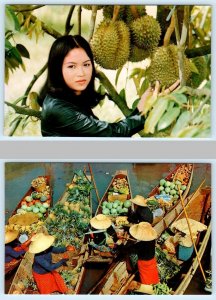 2 Postcards DURIAN FRUIT of Thailand & FLOATING MARKET Rajburi Province