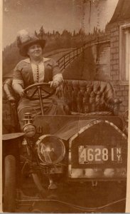 Real Photo Woman Driving Old Car