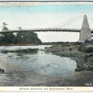 c1910s Amesbury Newburyport Mass Suspension Bridge Postcard Old Chain UDB MA A39