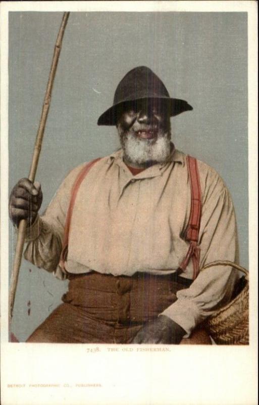 Black Americana - Heavy Old Man w/ Bamboo Fishing Pole c1910 Postcard   Topics - Cultures & Ethnicities - Black Americana, Postcard / HipPostcard