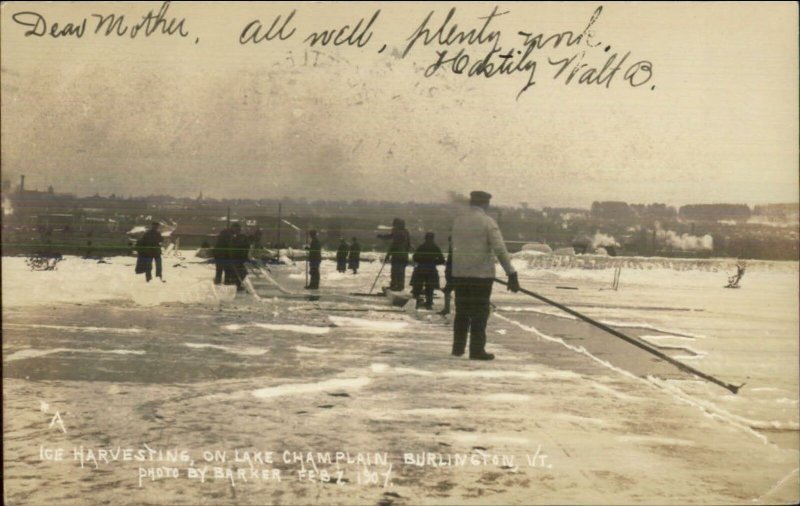 Burlington VT Ice Harvesting Occupation 1907 Real Photo Postcard - Barker