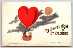 Valentine~Heart Balloon Flight To St Valentine~Moon Grins~c1910 Vintage Postcard