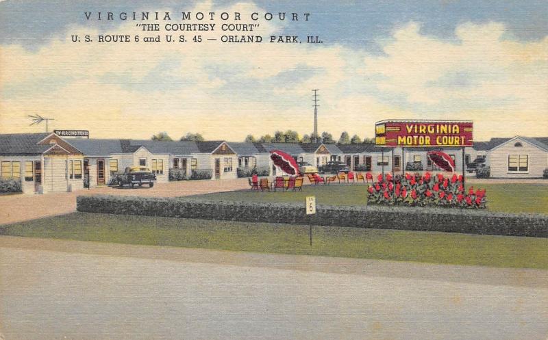 Orland Park Illinois 1940-50s Linen Postcard Virginia Motor Court Roadside Motel