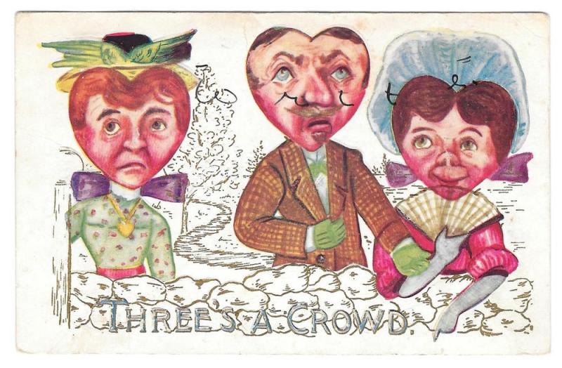 Fantasy Valentine Heart Face Heads Threes a Crowd Postcard