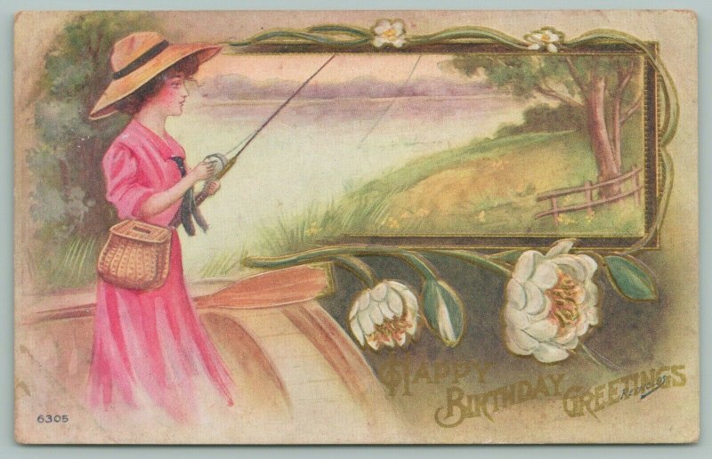 Artist Reynolds~Lovely Lady In Pink Dress Fishes Through Portal In Lake~Hat~1910