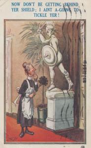 Cleaner Lady Tickling Statue Feather Duster Shield Antique Comic Humour Postcard